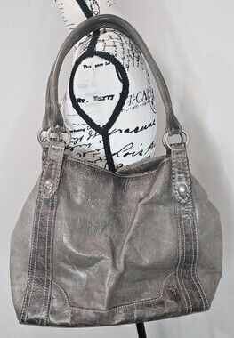 Frye Melissa Distressed Leather Ice Gray Hobo Shoulder Tote Bag Excellent